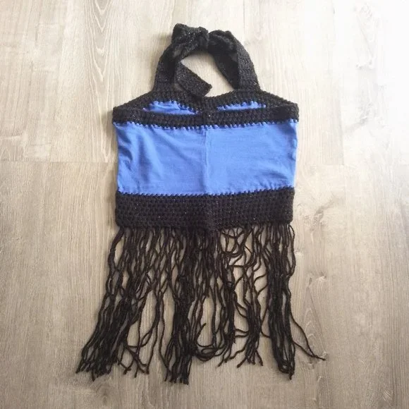 Sexy Boho Handmade DOUBLE DARE Royal Blue Cropped Halter Top w/ Fringes - Picture 6 of 7